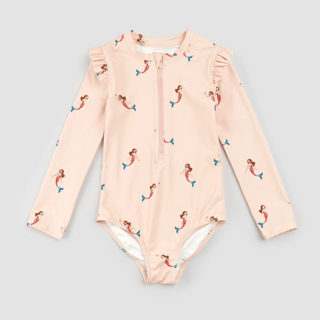 Mermaid Print on Coral Long-Sleeve Swimsuit