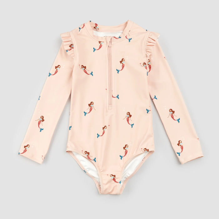 Mermaid Print on Coral Long-Sleeve Swimsuit