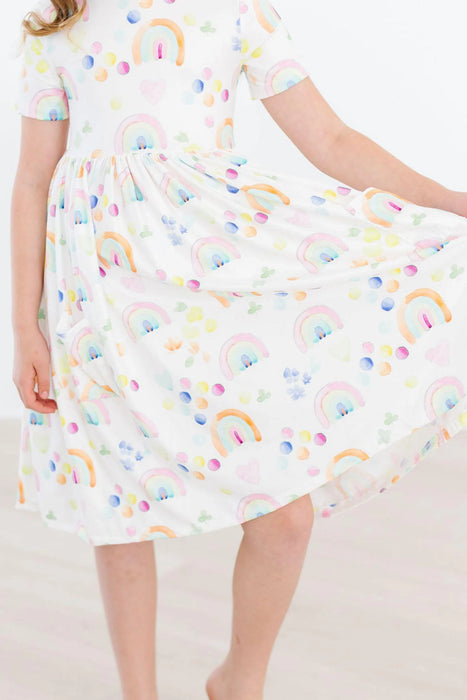 Watercolor Rainbows Short Sleeve Twirl Dress