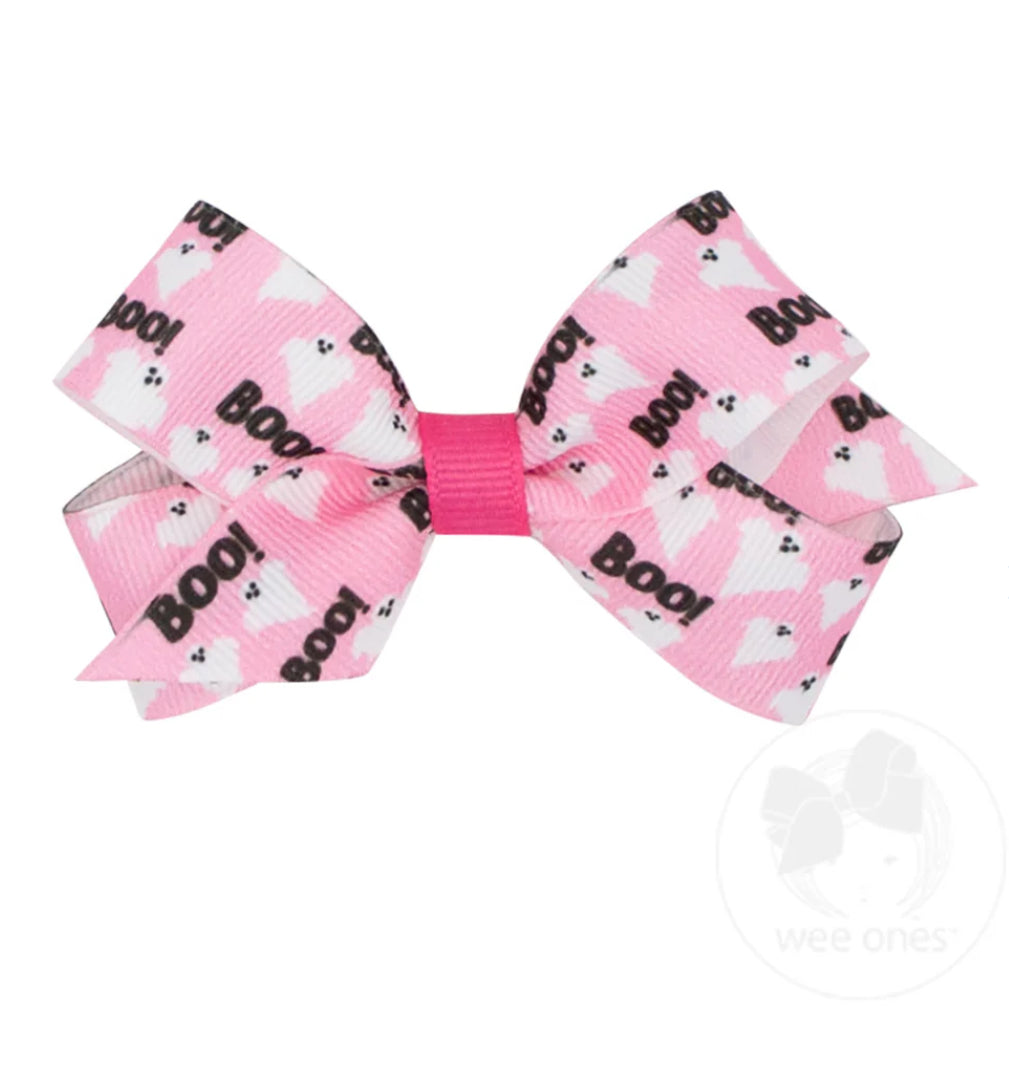 Mini Halloween Themed Grosgrain Bow | Pink Boo