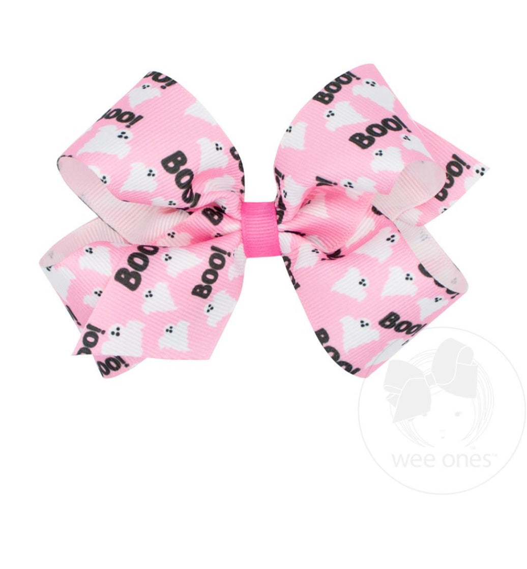 Medium Halloween Themed Grosgrain Bow | Pink Boos