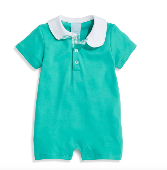 Contrast Collar Pima Romper | Turquoise w/Seafoam Check