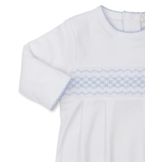 CLB Fall 23 White Footie w/Blue Hand Smocking