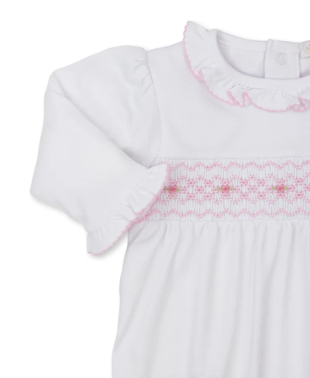 CLB Fall 23 White Footie w/Pink Hand Smocking