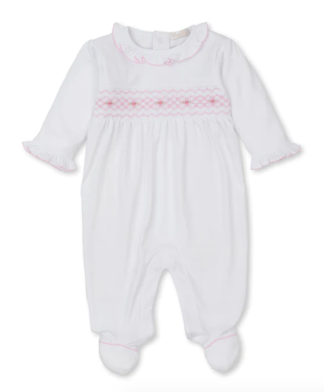 CLB Fall 23 White Footie w/Pink Hand Smocking