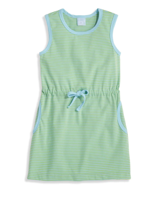 Cinched Waist Dress | Blue Green Thin Stripe