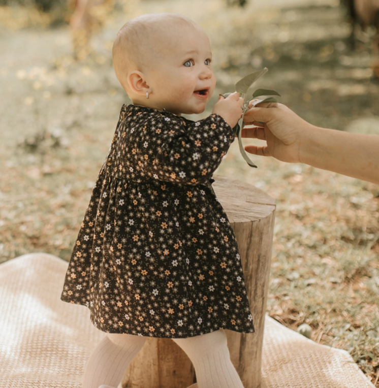 Floral Print on Black Flannel Dress & Tights Set