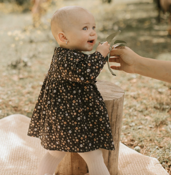 Floral Print on Black Flannel Dress & Tights Set