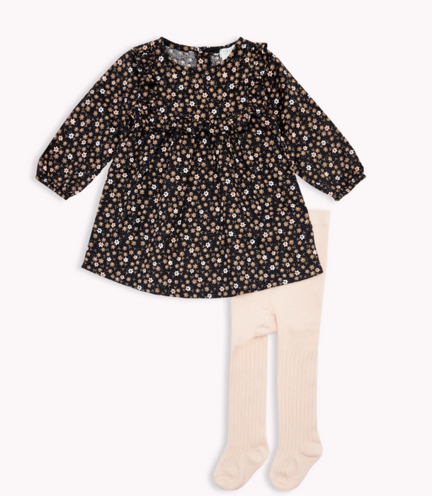 Floral Print on Black Flannel Dress & Tights Set