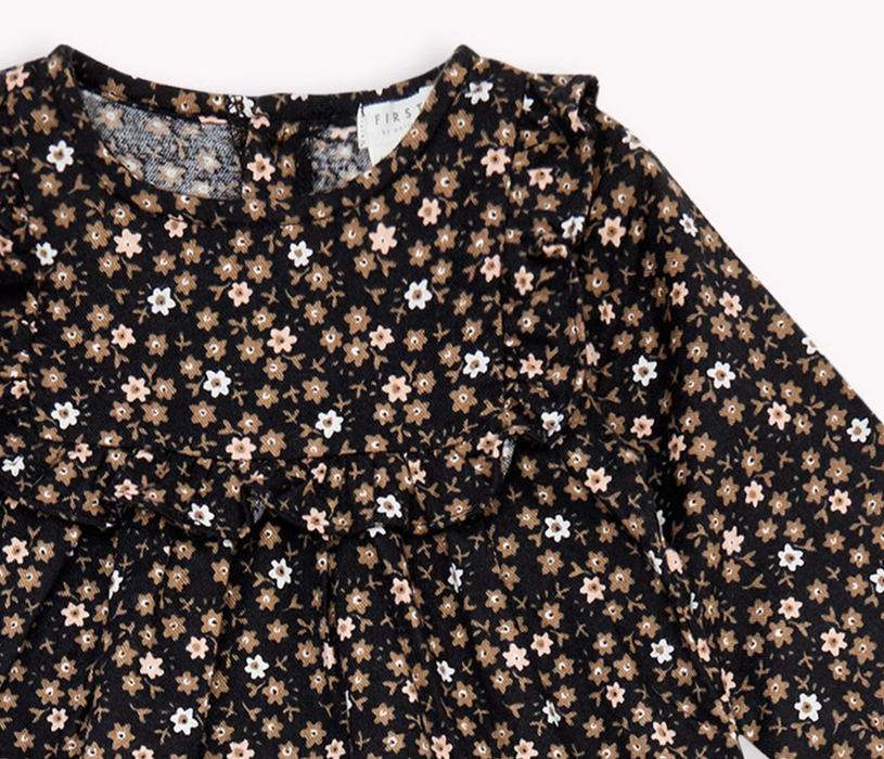 Floral Print on Black Flannel Dress & Tights Set