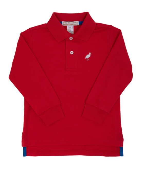 Prim and Proper Long Sleeve Polo | Richmond Red w/White Stork