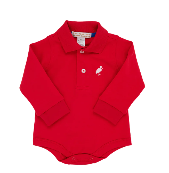 Prim and Proper Long Sleeve Polo | Richmond Red w/White Stork