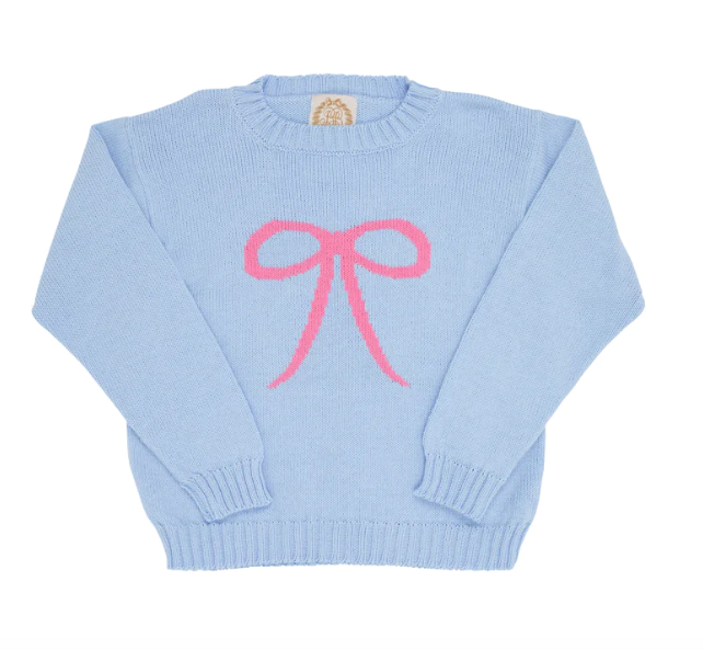 Isabelle's Intarsia Sweater | Beale Street Blue w/Bow Hamptons Hot Pink