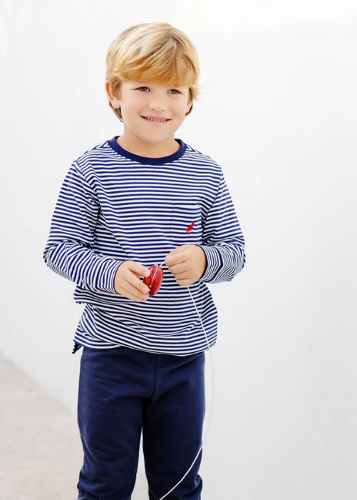 Long Sleeve Carter Crewneck | Nantucket Navy Stripe w/Richmond Red Stork
