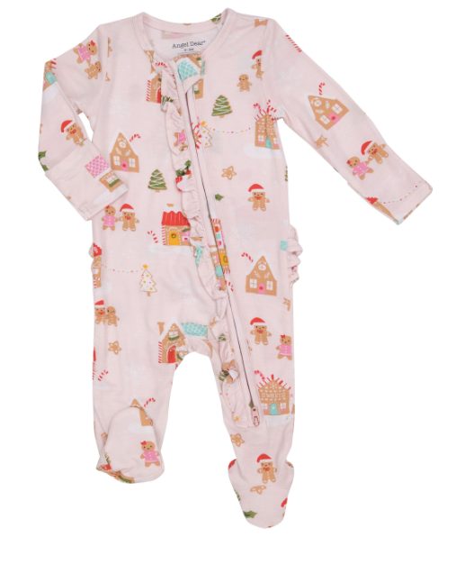 Two Way Ruffle Back Zipper Footie | Gingerbread Village Pink
