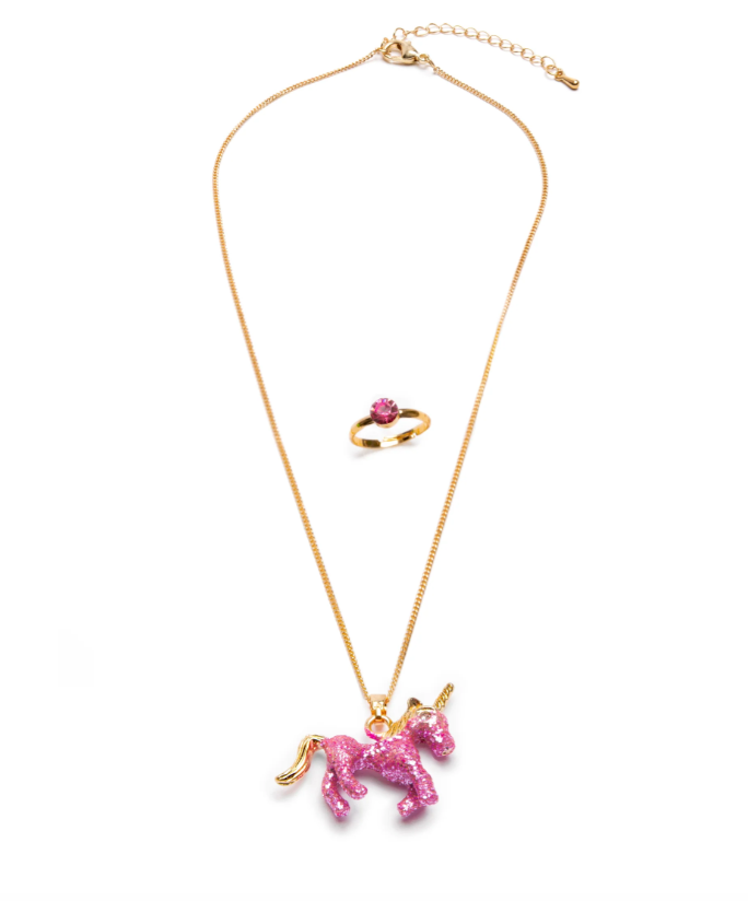 Glitter Pink Unicorn Necklace/Ring Set