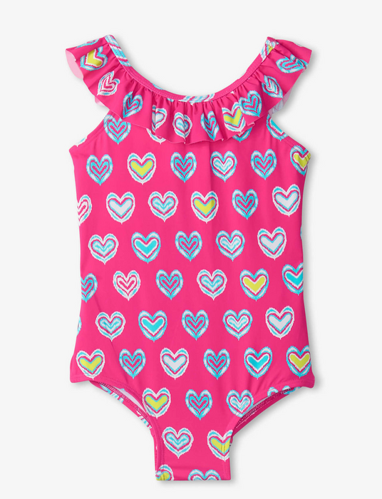 Pink Shibori Hearts Ruffle Sleeve Swimsuit