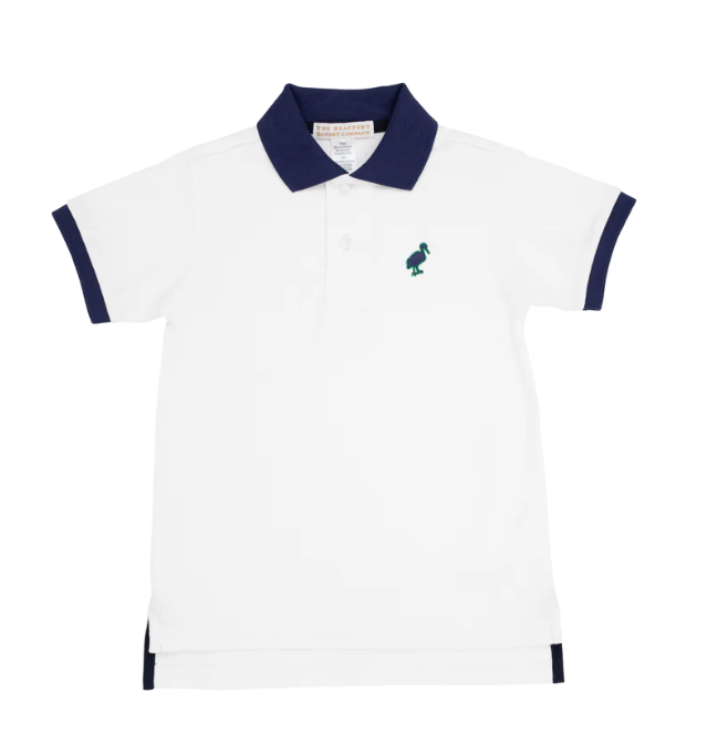 Prim and Proper Polo | Worth Ave White w/Nantucket Navy Collar and Stork