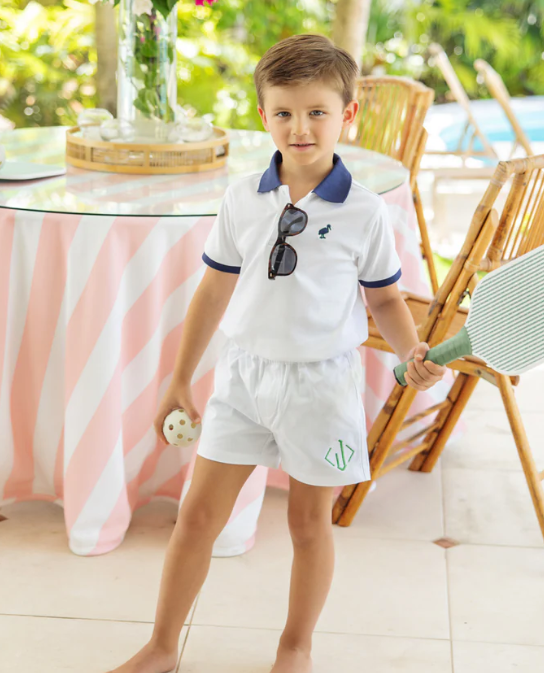 Prim and Proper Polo | Worth Ave White w/Nantucket Navy Collar and Stork