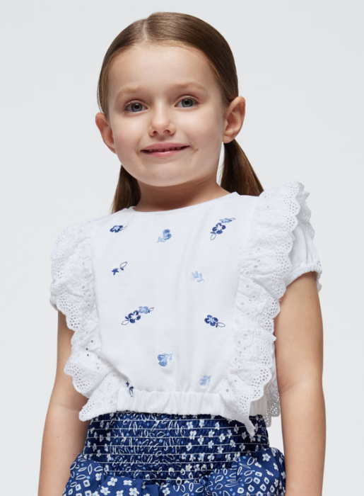 Blue Embroidered Ruffle Top | 3088