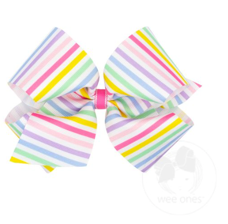 Birthday Stripe Patterned Grosgrain Girls Hair Bow | Medium