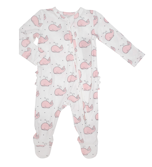 Two Way Ruffle Back Zipper Footie | Pink Bubbly Whale