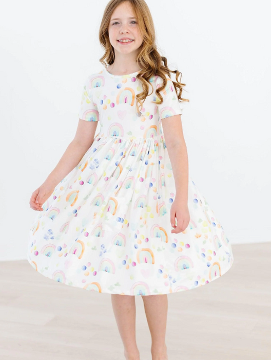 Watercolor Rainbows Short Sleeve Pocket Twirl Dress