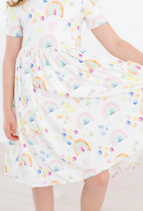 Watercolor Rainbows Short Sleeve Pocket Twirl Dress