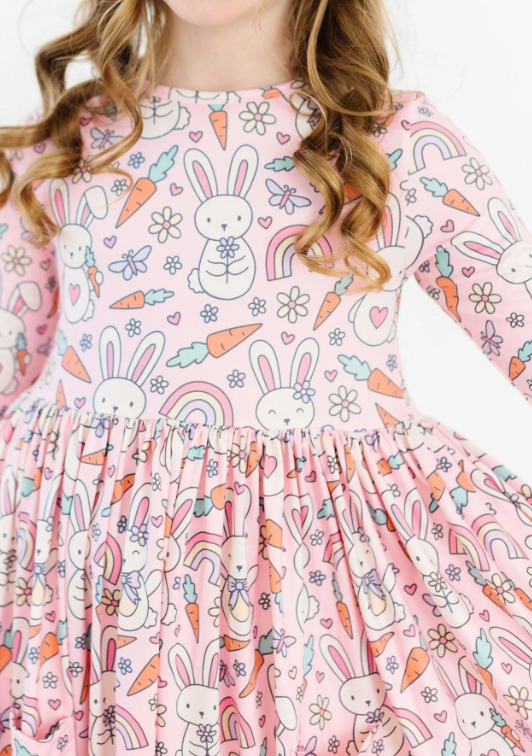 Springtime Bunnies 3/4 Sleeve Pocket Twirl Dress