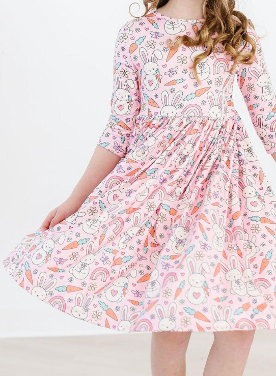 Springtime Bunnies 3/4 Sleeve Pocket Twirl Dress