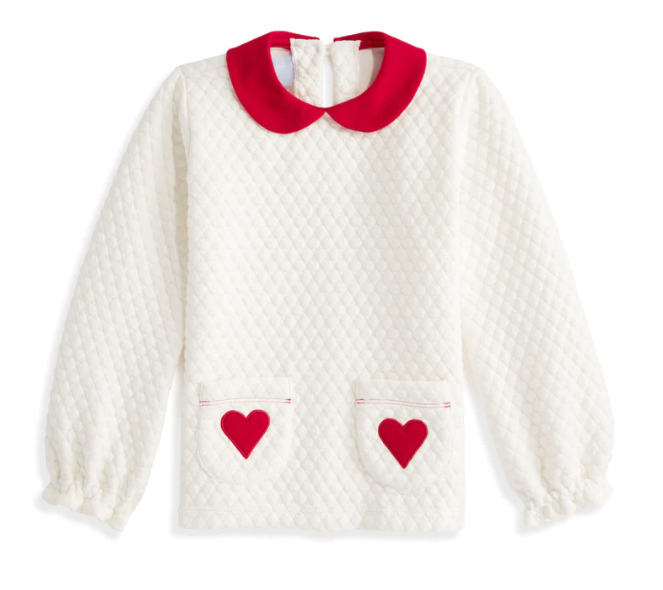 Quilted Jersey Pullover | Ivory w/Red Hearts