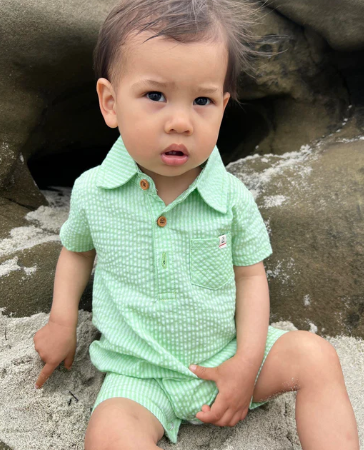 Sandy Polo Romper | Lime Green Seersucker