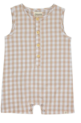 Cabin Woven Henley Playsuit | Beige Plaid