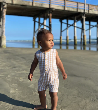 Cabin Woven Henley Playsuit | Beige Plaid