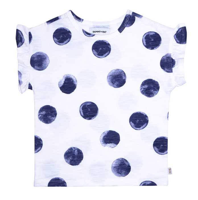 Rhea Ruffle Tee | Indigo Dot
