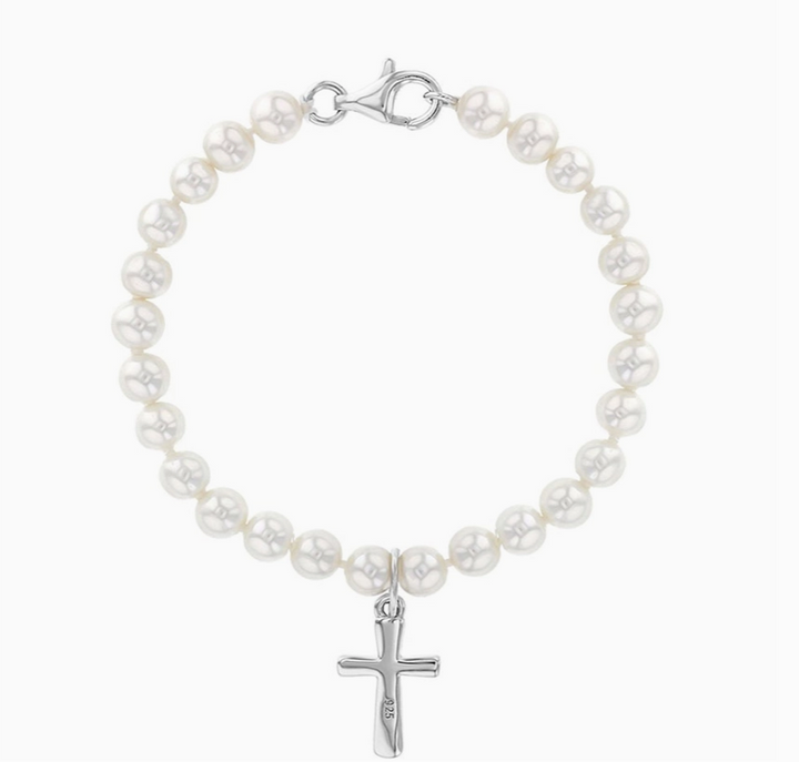 5" White Pearl and Cross Baby Bracelet | Sterling Silver