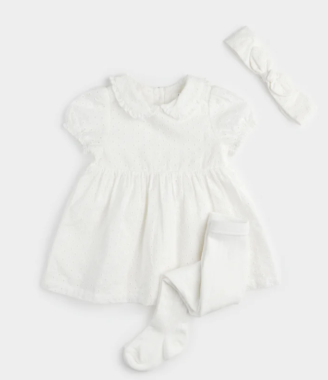 White Eyelet Dress/Tights/Headband Set