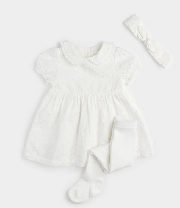 White Eyelet Dress/Tights/Headband Set