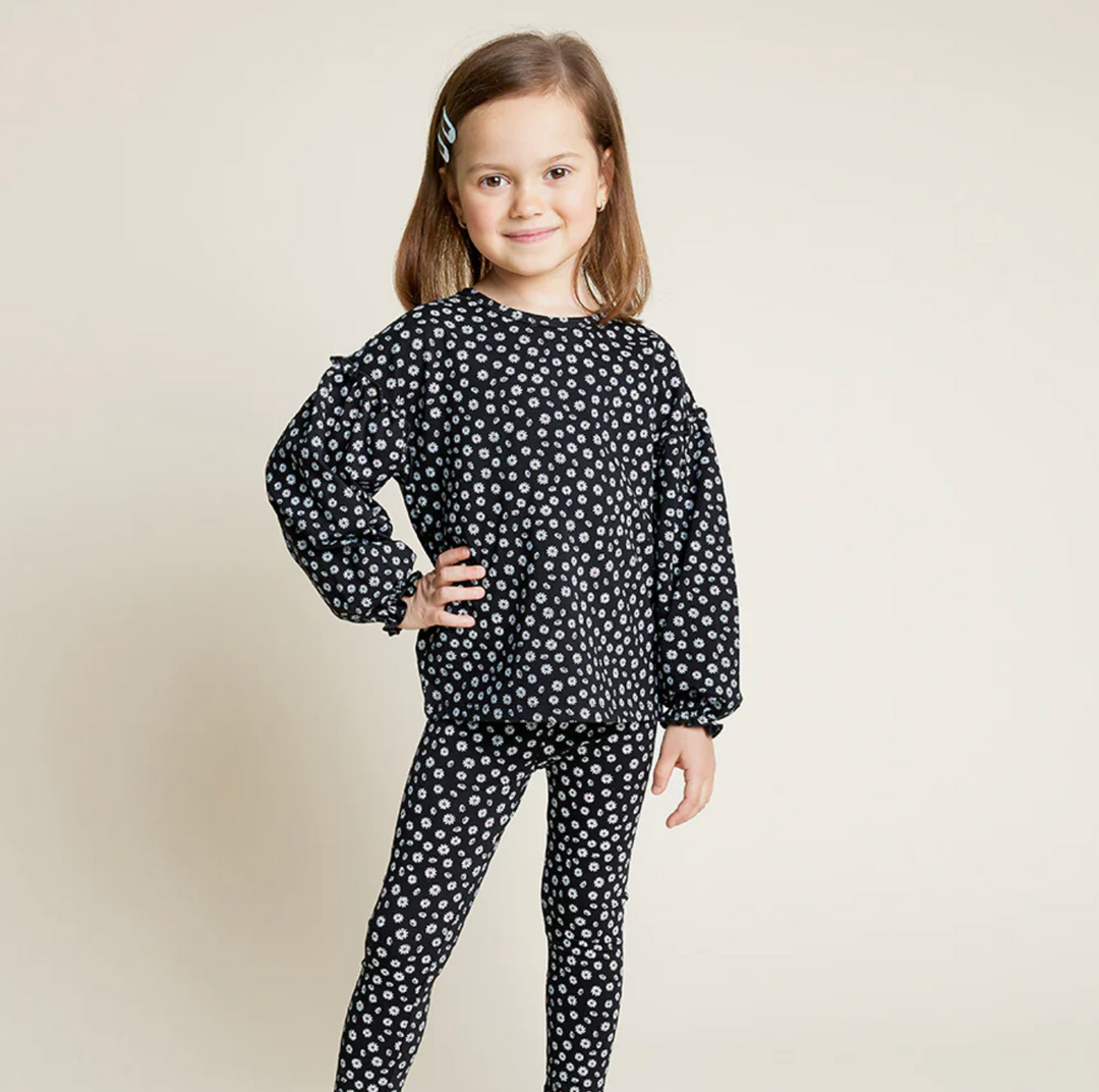 Daisy on Black Drop Shoulder Top