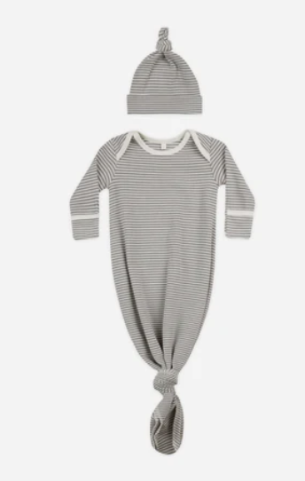 Knotted Baby Gown & Hat Set | Lagoon Micro Stripe