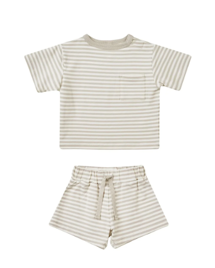 Boxy Pocket Tee + Short Set | Ash Stripe