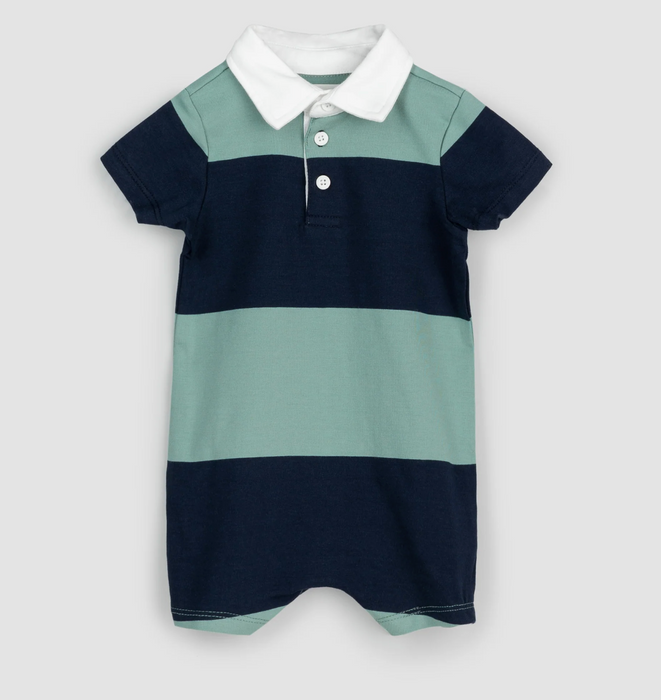 Henley Short Sleeve Striped Romper | Navy/Teal