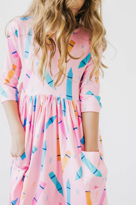 Color Crayons 3/4 Sleeve Pocket Twirl Dress