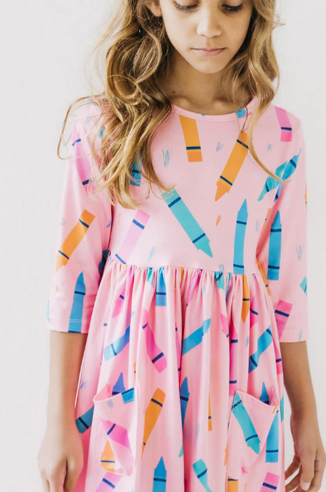 Color Crayons 3/4 Sleeve Pocket Twirl Dress