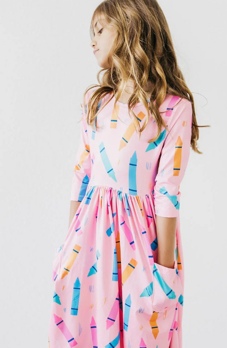 Color Crayons 3/4 Sleeve Pocket Twirl Dress
