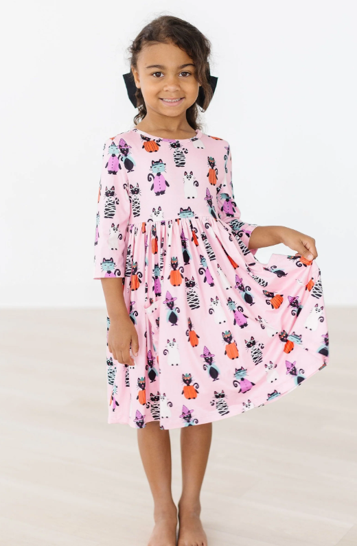 Purr-fectly Spooky 3/4 Sleeve Pocket Twirl Dress