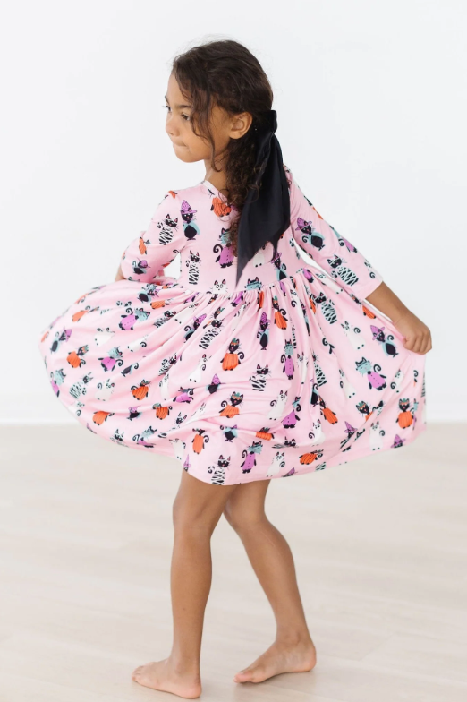 Purr-fectly Spooky 3/4 Sleeve Pocket Twirl Dress