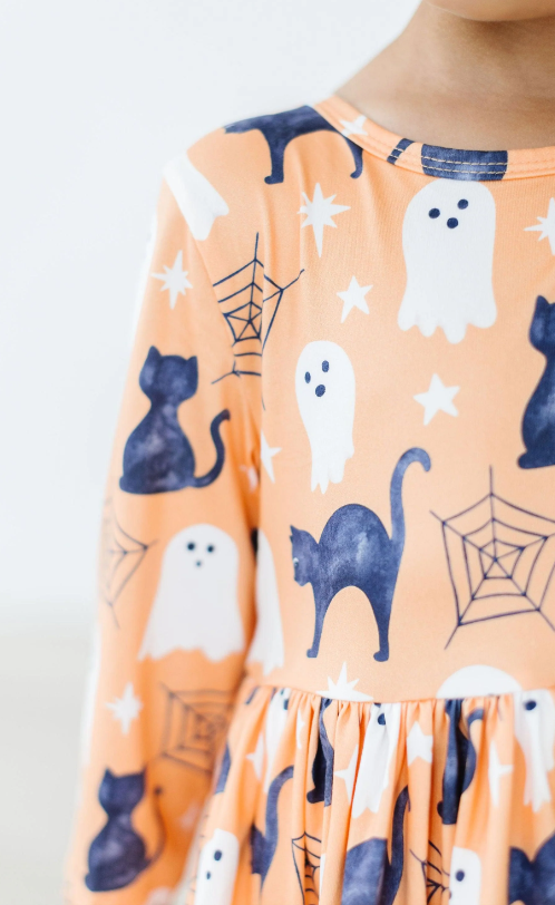 Spooky Kitty 3/4 Sleeve Pocket Twirl Dress