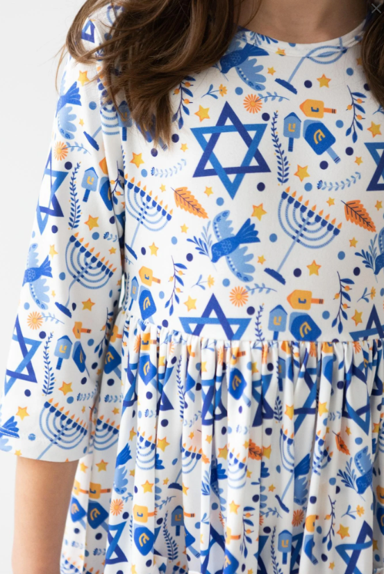 Happy Hanukkah 3/4 Sleeve Pocket Twirl Dress