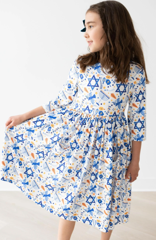 Happy Hanukkah 3/4 Sleeve Pocket Twirl Dress